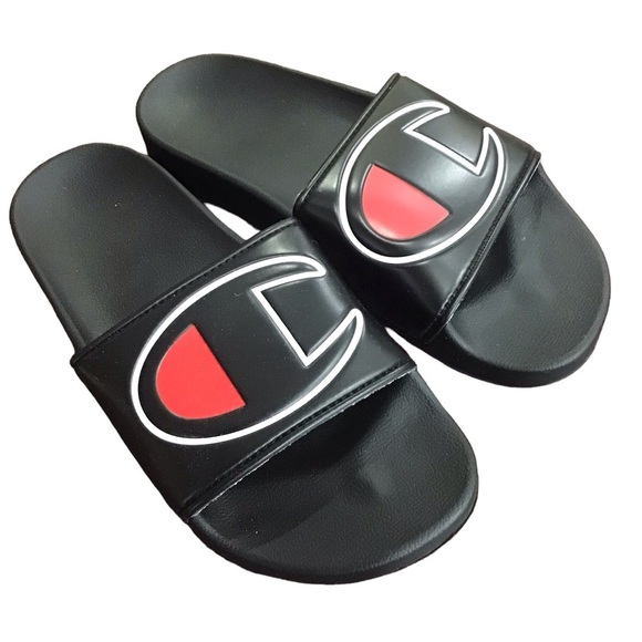 Champion Logo Black Slip On Slides NEW - Picture 1 of 5